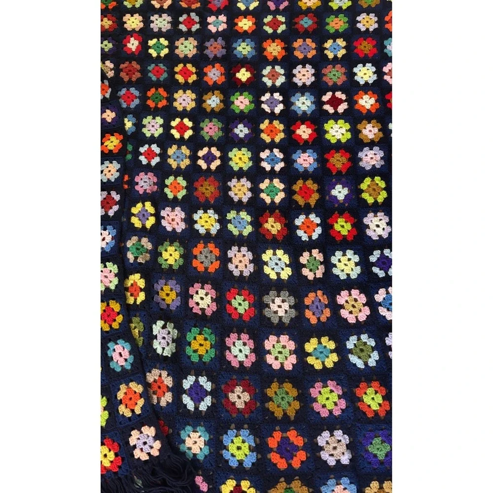 VTG Granny Square Afghan Crochet Throw Blanket Connor's Multi-Color Fringe
